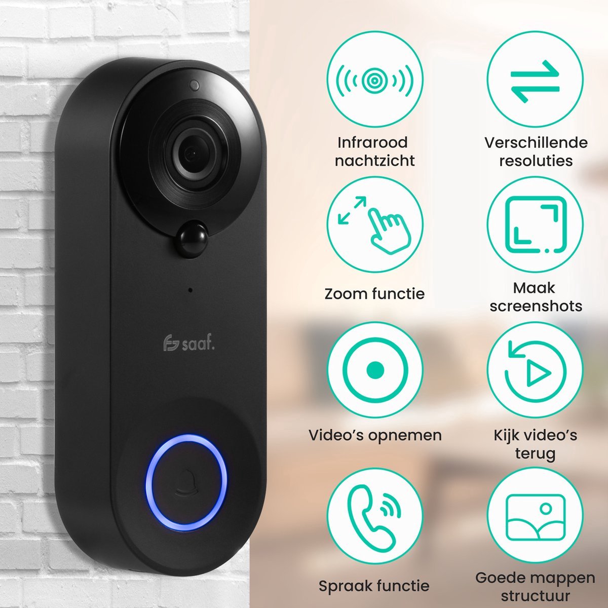 Saaf Video Deurbel Draadloos Zwart 128GB