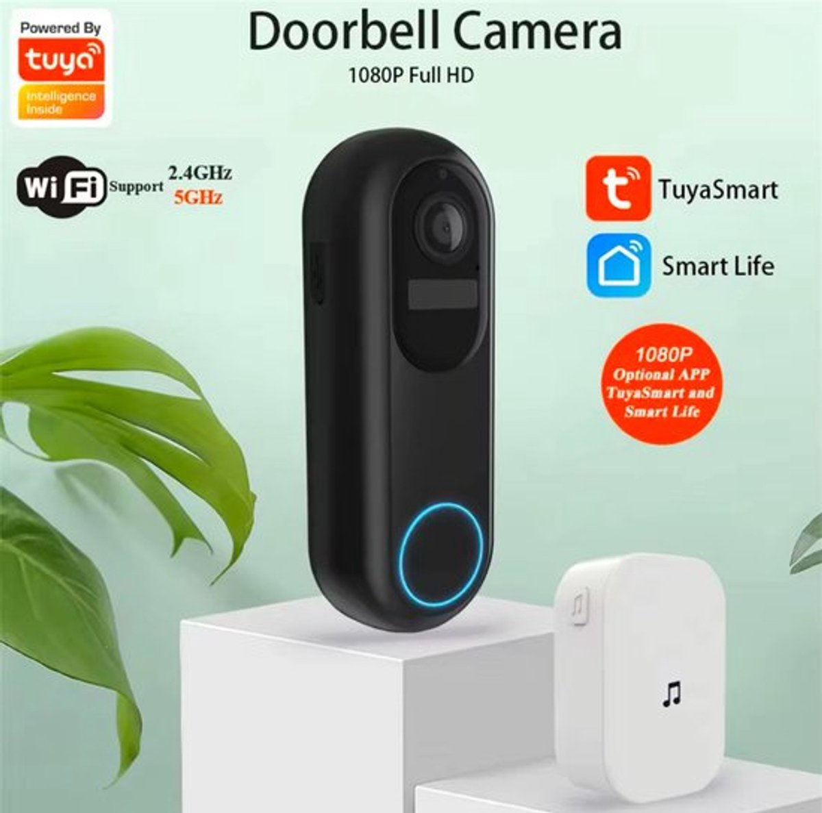 Slimme Deurbel met Camera 1080P HD WiFi Waterdicht 64GB SD-kaart Chime