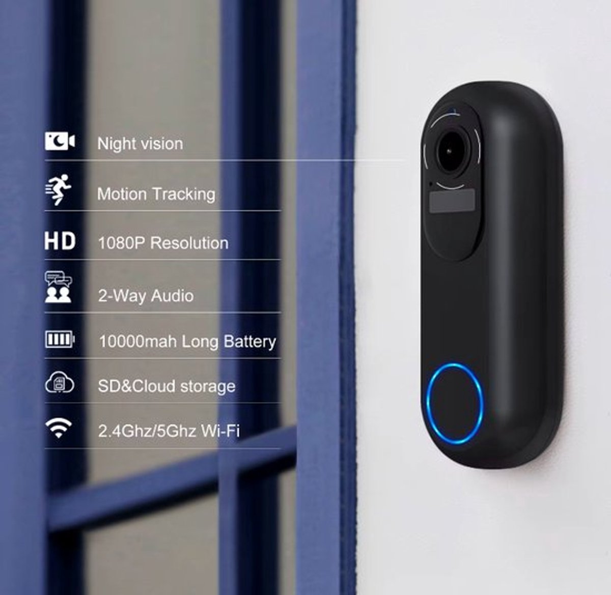 Slimme Deurbel met Camera 1080P HD WiFi Waterdicht 64GB SD-kaart Chime