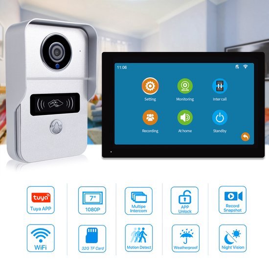Smart Video Deurbel 7 Inch 1080P WiFi Touchscreen Met 32GB SD