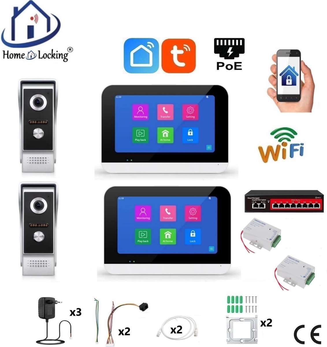 De Smart WIFI deurintercom T-2301V-2-2 set met 2 videodeurbellen en 2 touchscreens in één oogopslag