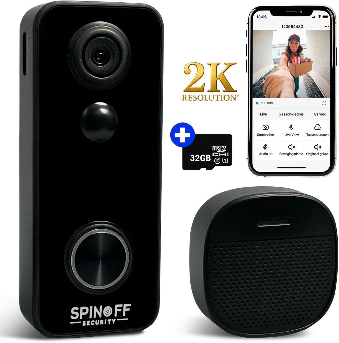 Spinoff Security Draadloze 2K Video Deurbel met Camera en 32GB SD Kaart