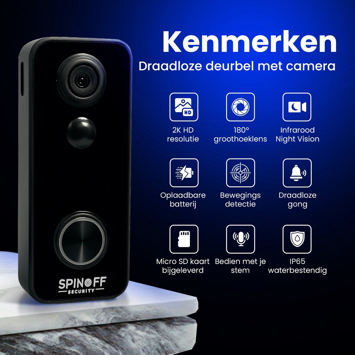 Spinoff Security Draadloze 2K Video Deurbel met Camera en 32GB SD Kaart