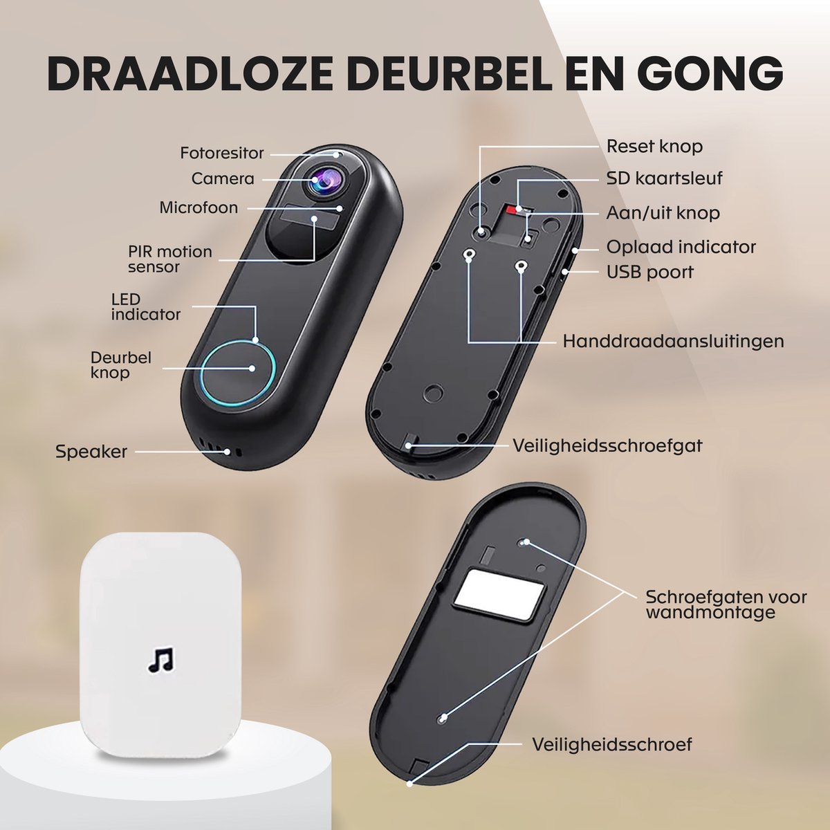 T-ring Video Deurbel Draadloos 1080P met Camera en 32GB SD kaart