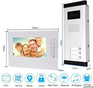 Video deurbel intercom bekabeld – 7 inch monitor – 3 appartementen