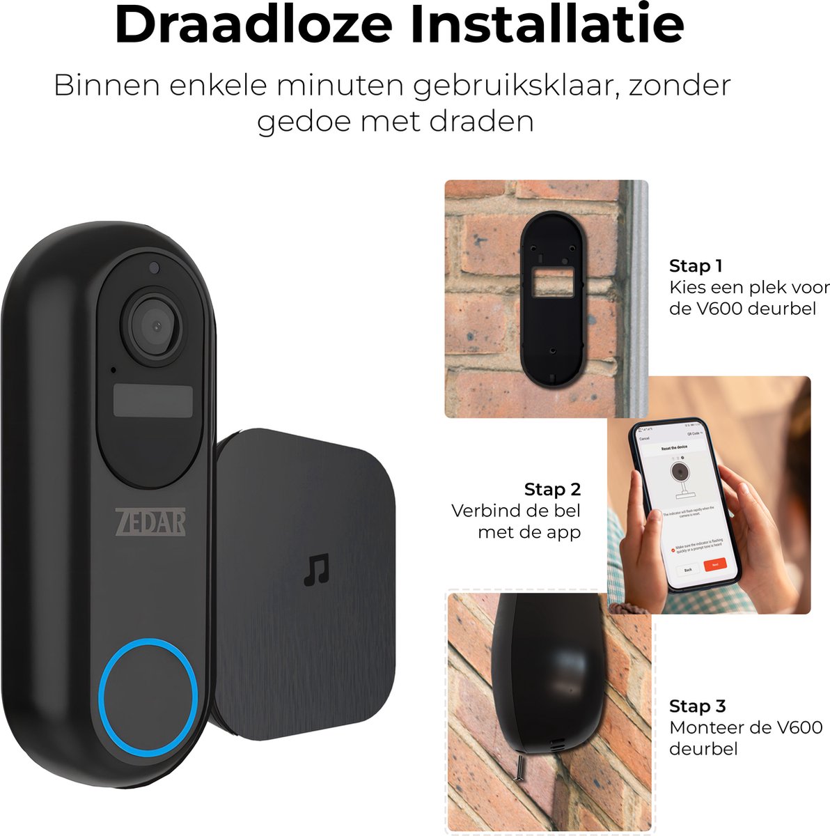 Zedar V600 Video Deurbel Draadloos Accu 1080P