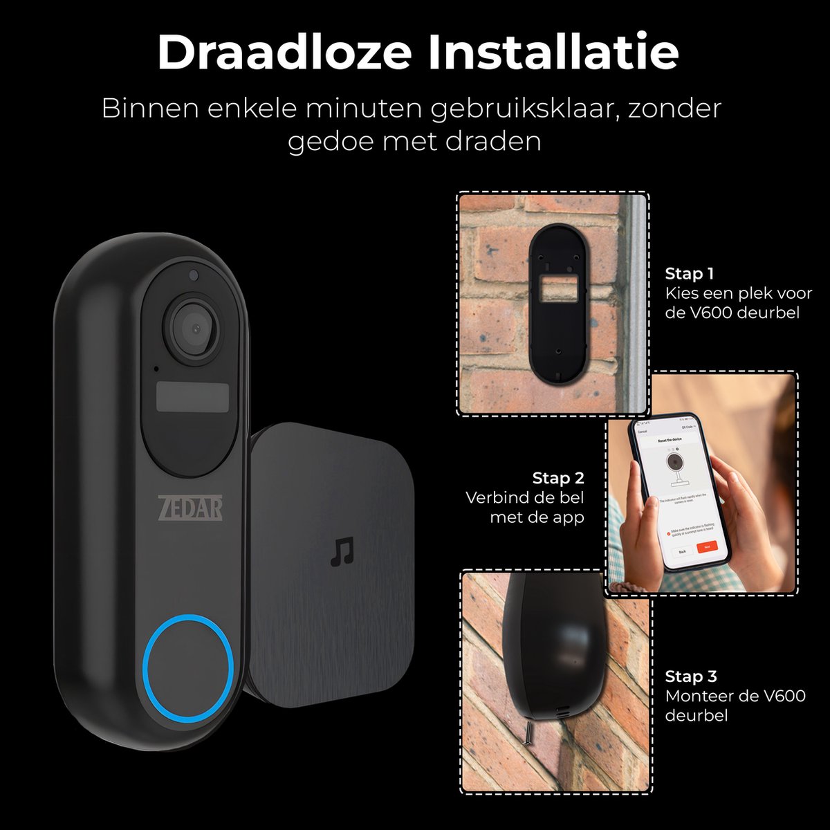 Zedar V600 Video Deurbel Draadloos Accu 1080P