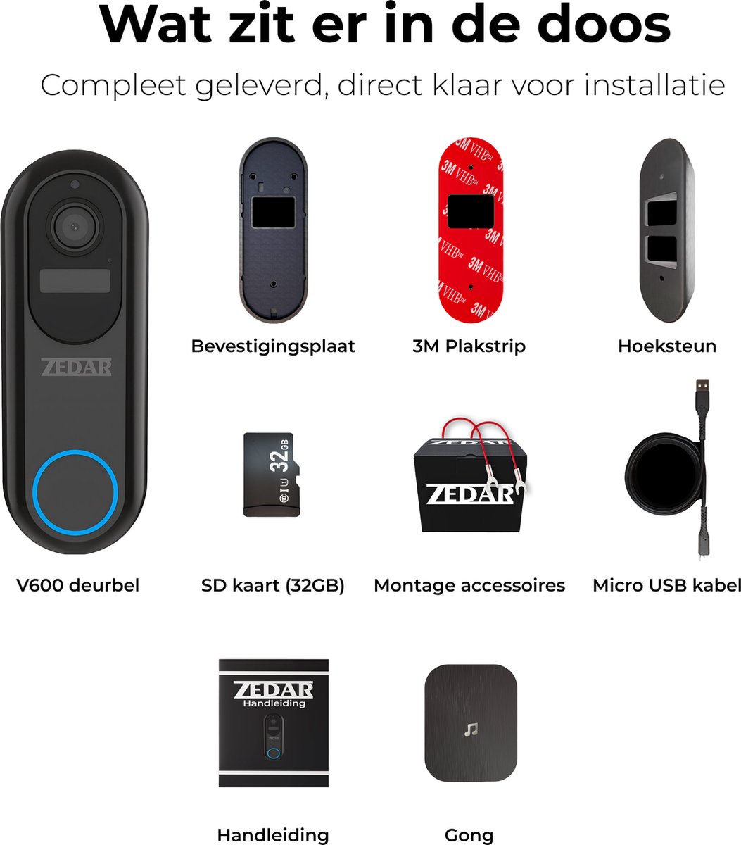 Zedar V600 Video Deurbel Draadloos Accu 1080P