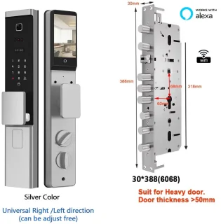 Slim Deurslot – Elektronisch Slot – Digitale Deurslot – Slimme Slot – Toegangscontrole – 8 Ontgrendelingsmethoden – IP66 Waterdicht - Zilverkleur - 30x388 - 6068 insteek