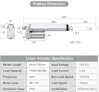 Verstelbare lineaire actuator 750N - Elektrische motor DC 12V - 150mm