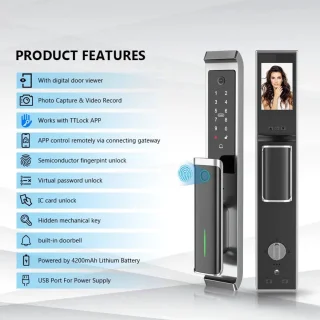 Slimme Bluetooth Deurslot – Elektronisch Slot – Vingerafdrukslot – Digitale Deurslot – Veiligheidsslot – Meerdere Ontgrendelmethodes – Aluminiumlegering Met Camera en Deurbel - 30x240 - 6068 - met Haak