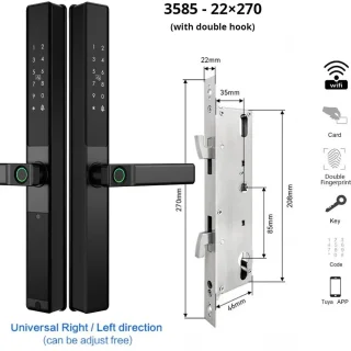 Slimme Wifi Deurslot – Biometrisch Deurslot – Vingerafdrukslot – Elektronisch Deurslot – Smart Deurslot – Waterdicht IP67 – Dubbelzijdige Vingerafdrukherkenning - 3585 - 22x270 - met Hook