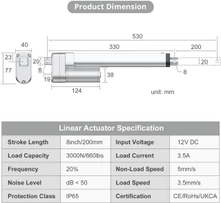 12V DC Lineaire Actuator 200 mm