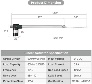 Elektrische lineaire actuator DC 24V 500mm