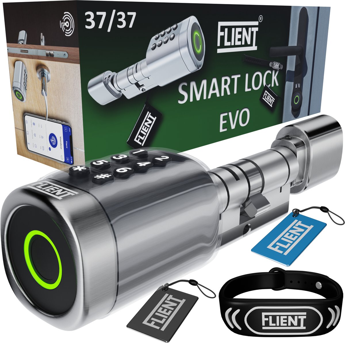 Flient Smart Lock Evo Slim Cilinderslot RVS Zilver 37/37