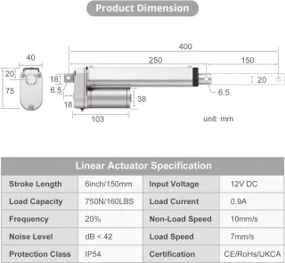 Lineaire actuator 12V - 150 mm - 750 N