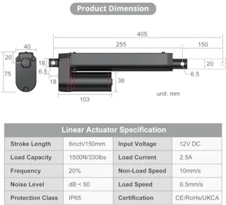 Lineaire Actuator 1500N 150mm 12V DC