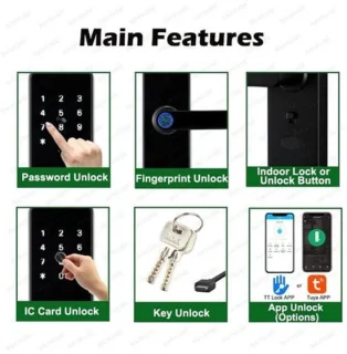 Raykube - Slank Deurslot - Smart Lock - Elektrisch Deurslot - Geen Insteekslot - APP - Bluetooth - Mechanische sleutels - Kaart - WIFI - Wachtwoord - Vingerafdruk - Zwart