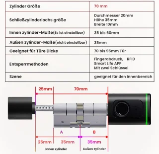Slim Vingerafdruk Deurslot - Elektronisch Cilinderslot 70 mm