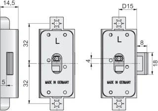Spaans slot links, montageafstand 64 mm, mat vernikkeld