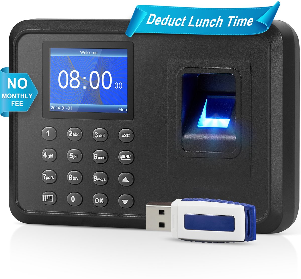 Tijdklok Biometrisch Vingerafdruk en Pincode 2,4" Stand-Alone