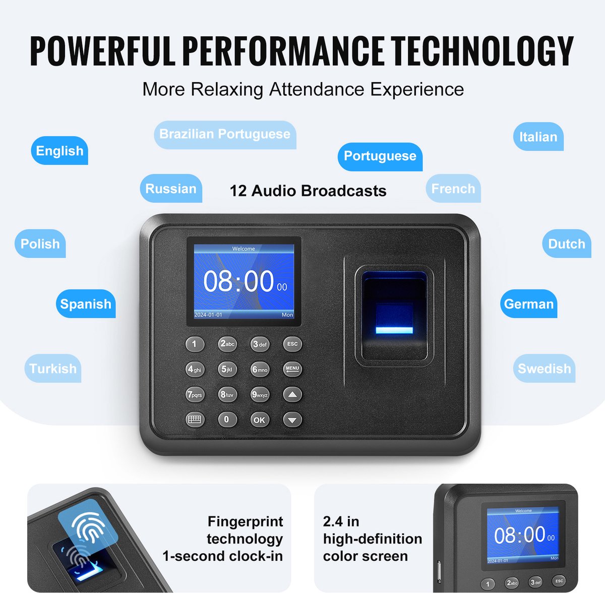 Tijdklok Biometrisch Vingerafdruk en Pincode 2,4" Stand-Alone