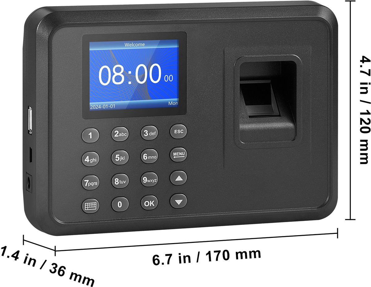 Tijdklok Biometrisch Vingerafdruk en Pincode 2,4" Stand-Alone