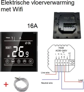 TechU™ Slimme Thermostaat Vita – Alleen voor Elektrische Vloerverwarming – Zwart – Google Assistant & Amazon Alexa – App & Wifi
