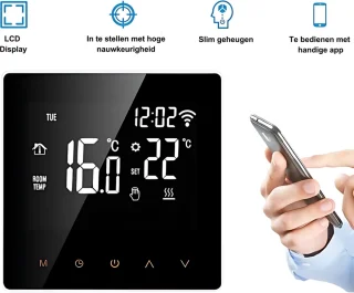 Slimme thermostaat - Thermostaat voor cv - Termostaat - Thermostaatknop - Voor elektrische vloerverwarming - Via Wifi - Wifi thermostaat - Digitale thermostaat - Slimme thermostaat voor centrale verwarming - Thermostaat