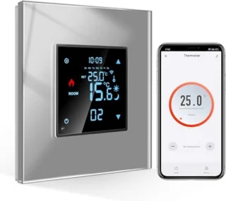Slimme Inbouwthermostaat Wifi met Kristalglas, Digitale Kamerthermostaat, Compatibel met Alexa en Google Assistant, 16 Ampere, Grijs