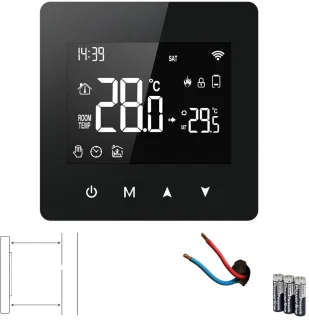 Slimme Wifi Opbouw Thermostaat met tiptoetsen | 3x AAA of USB-C voeding | geschikt voor 2-draads aansluiting | C.V. Installatie | Boiler | Zwart | App