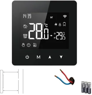 Slimme Wifi Opbouw Thermostaat met tiptoetsen | 3x AAA of USB-C voeding | geschikt voor 2-draads aansluiting | C.V. Installatie | Boiler | Zwart | App