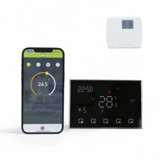 Slimme Thermostaat met Touchscreen | Batterijen of USB-C voeding | Draadloos + RF Ontvanger | Opbouw of Los Staand | C.V. Installatie | Boiler | Infrarood & Elektrische vloerverwarming | Zwart