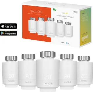 Hombli Smart Radiator Thermostat Expansion Pack (5-PACK) – Slimme radiatorknop – Thermostaatkraan – Bluetooth – Bediening via App - Open raam detectie – Verbruiksoverzicht – Spraakbesturing met Google, Alexa en Siri
