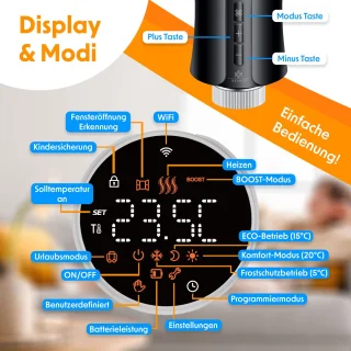 KESSER® 3x Slimme Radiatorknop Thermostaatkop Radiator Kraan | Radiatorthermostaat Knop met app-bediening en LCD-scherm - Rond, Zwart