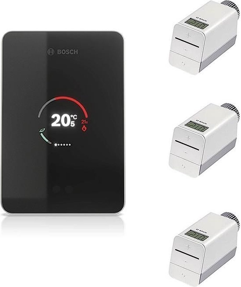 De Bosch EasyControl Single Slimme Kamerthermostaat Zwart met 3 Radiatorthermostaten in één oogopslag
