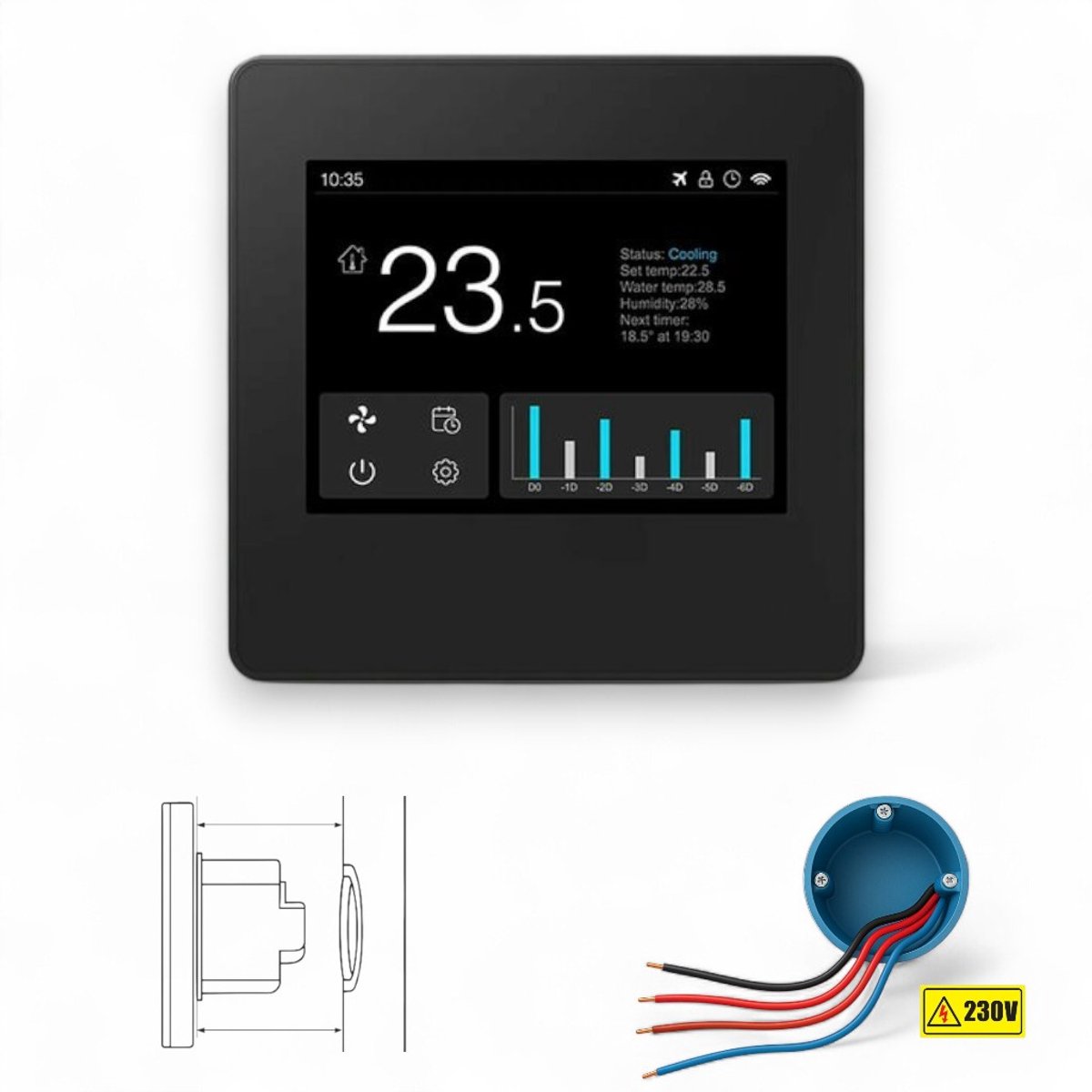 De Slimme Wifi Thermostaat Zwart 4-draads 3amp Vierkant in één oogopslag