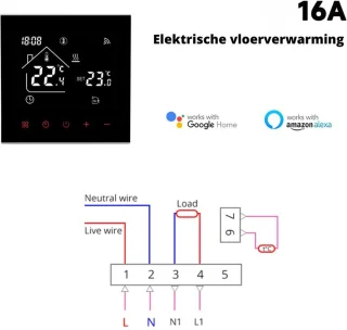 Tuya Slimme Thermostaat 220V Zwart Inclusief Vloersensor