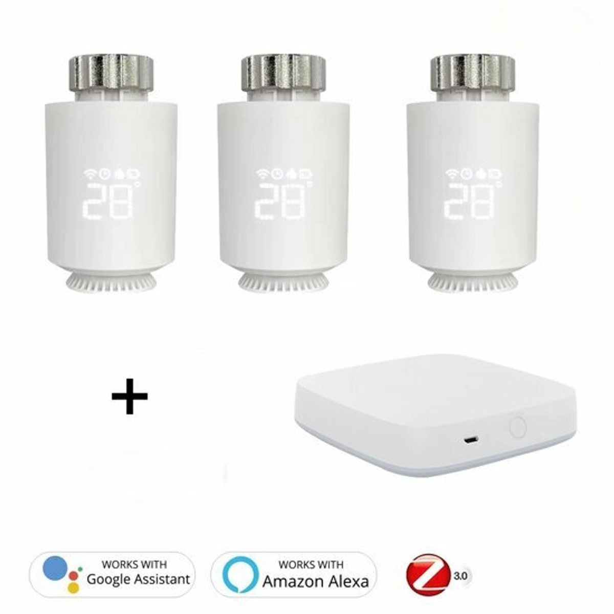 De Zigbee 3.0 Thermostaatknoppen Set 3x Radiatorknop + Gateway in één oogopslag
