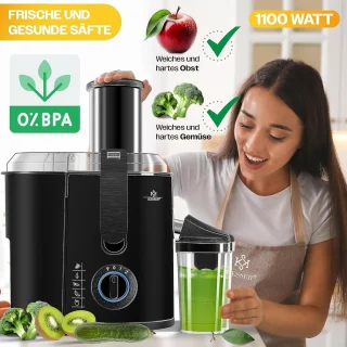 Sapcentrifuge voor fruit en groenten met grote invoeropening en 3 snelheidsstanden