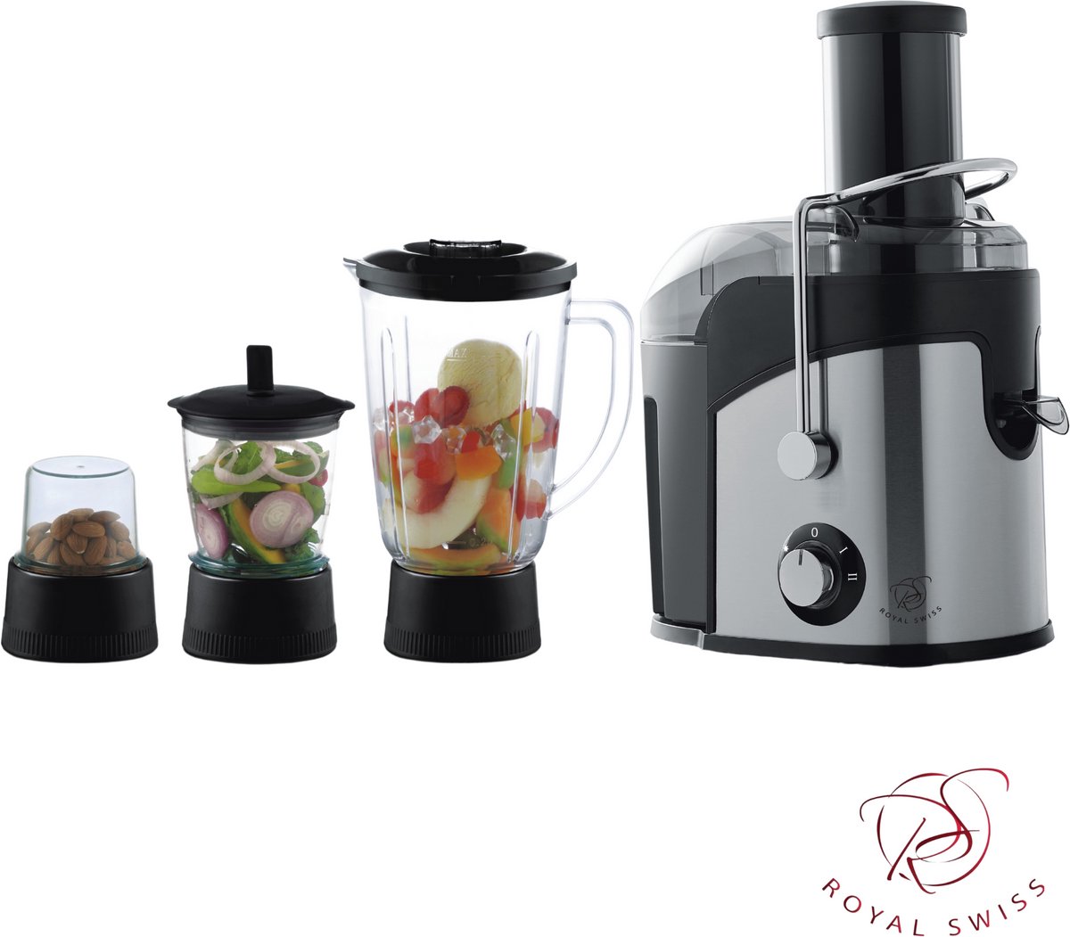De Royal Swiss® Sapcentrifuge & Slowjuicer 4-in-1 – 900W – Blender + Hakmolen – Gezonde Sappen & Smoothies in één oogopslag