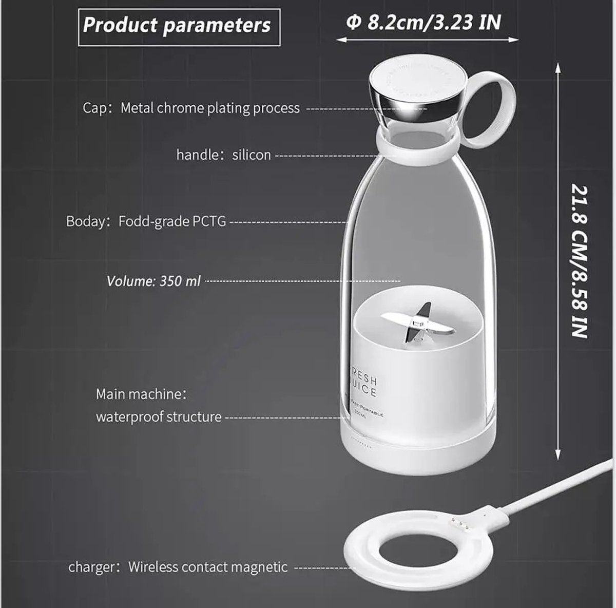Elektrische Mini Blender 4 Messen Draadloos Oplaadbaar
