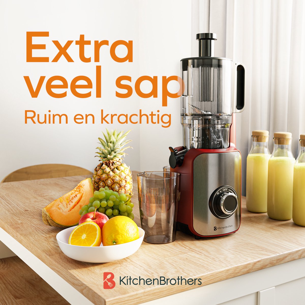 Wat vinden we goed aan de KitchenBrothers Slowjuicer Verticaal Rood