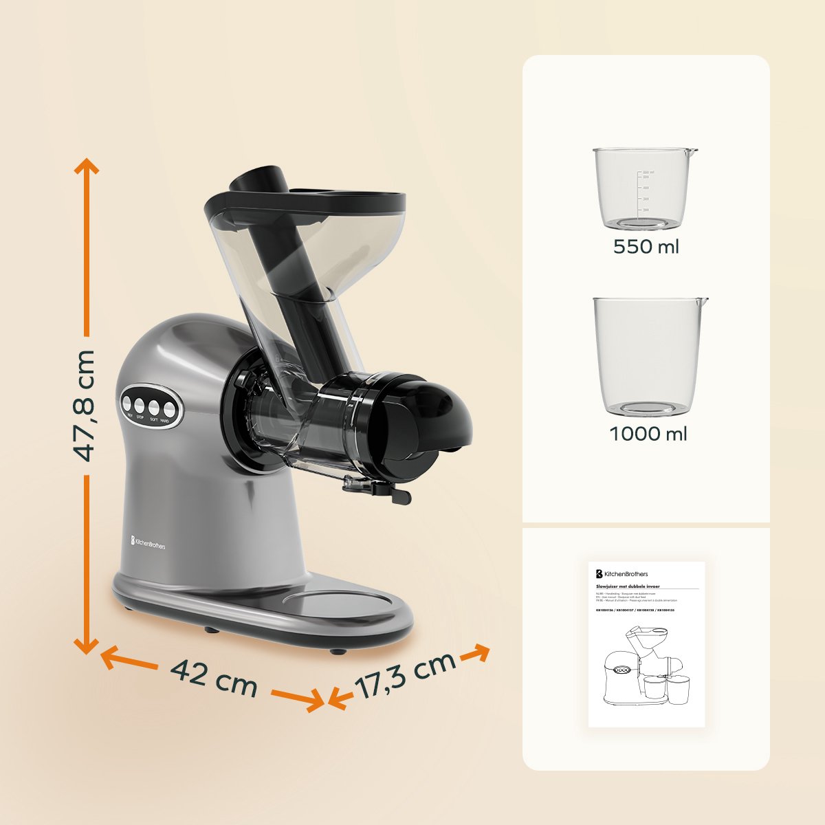 KitchenBrothers Slowjuicer XL Groenten- en Fruitpers Grijs