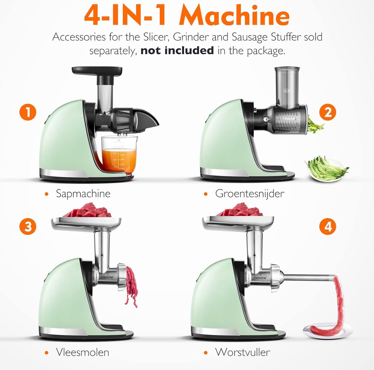Koudpers Slow Juicer Masticerende Sapmachine Mintgroen A+++