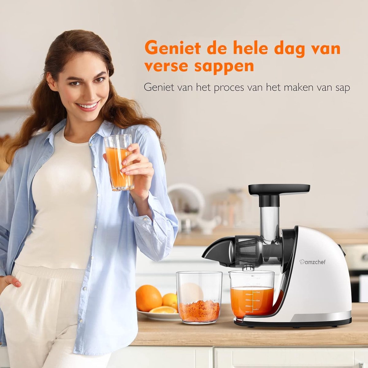Slow Juicer Machine Pure Wit A+++ inclusief 2 Bekers en Borstel