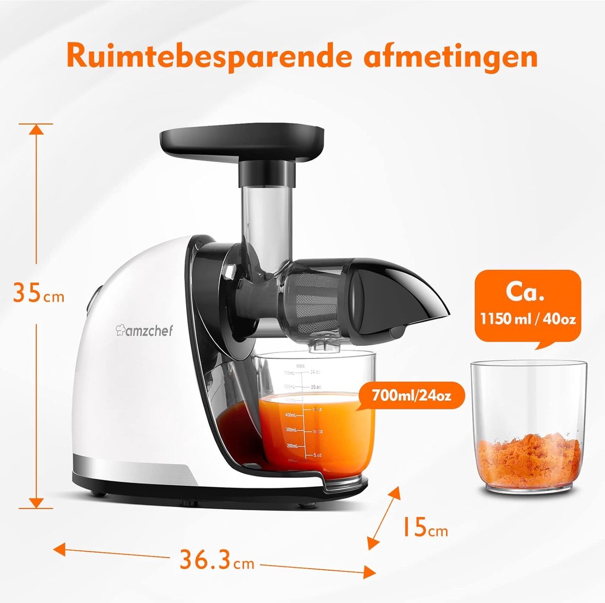 Slow Juicer Machine Pure Wit A+++ inclusief 2 Bekers en Borstel