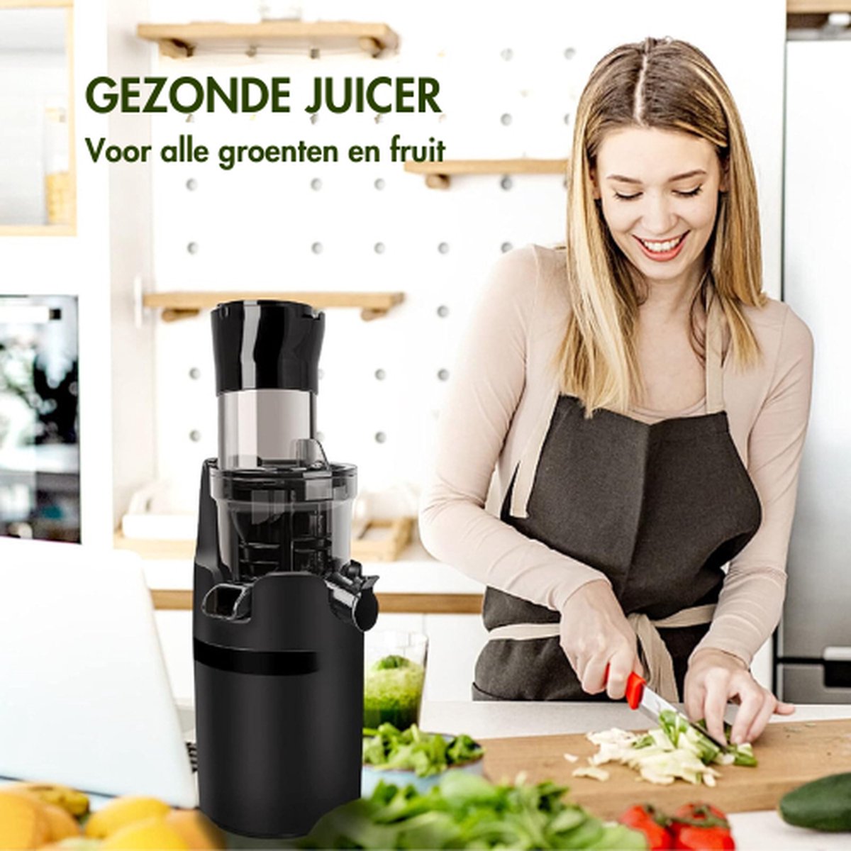 Slowjuicer 600 ml 200W met brede invoertrechter en reinigingsborstel