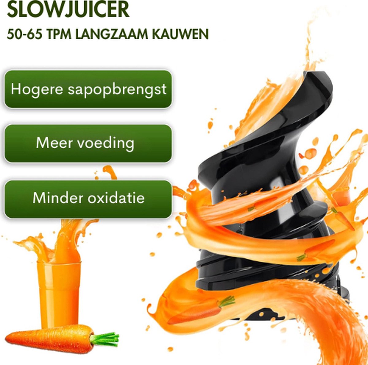 Slowjuicer 600 ml 200W met brede invoertrechter en reinigingsborstel