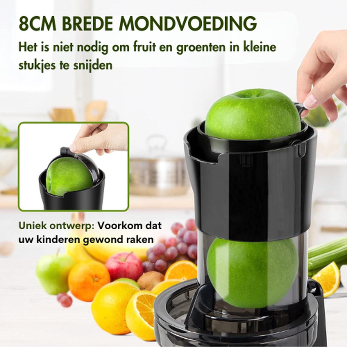 Slowjuicer 600 ml 200W met brede invoertrechter en reinigingsborstel